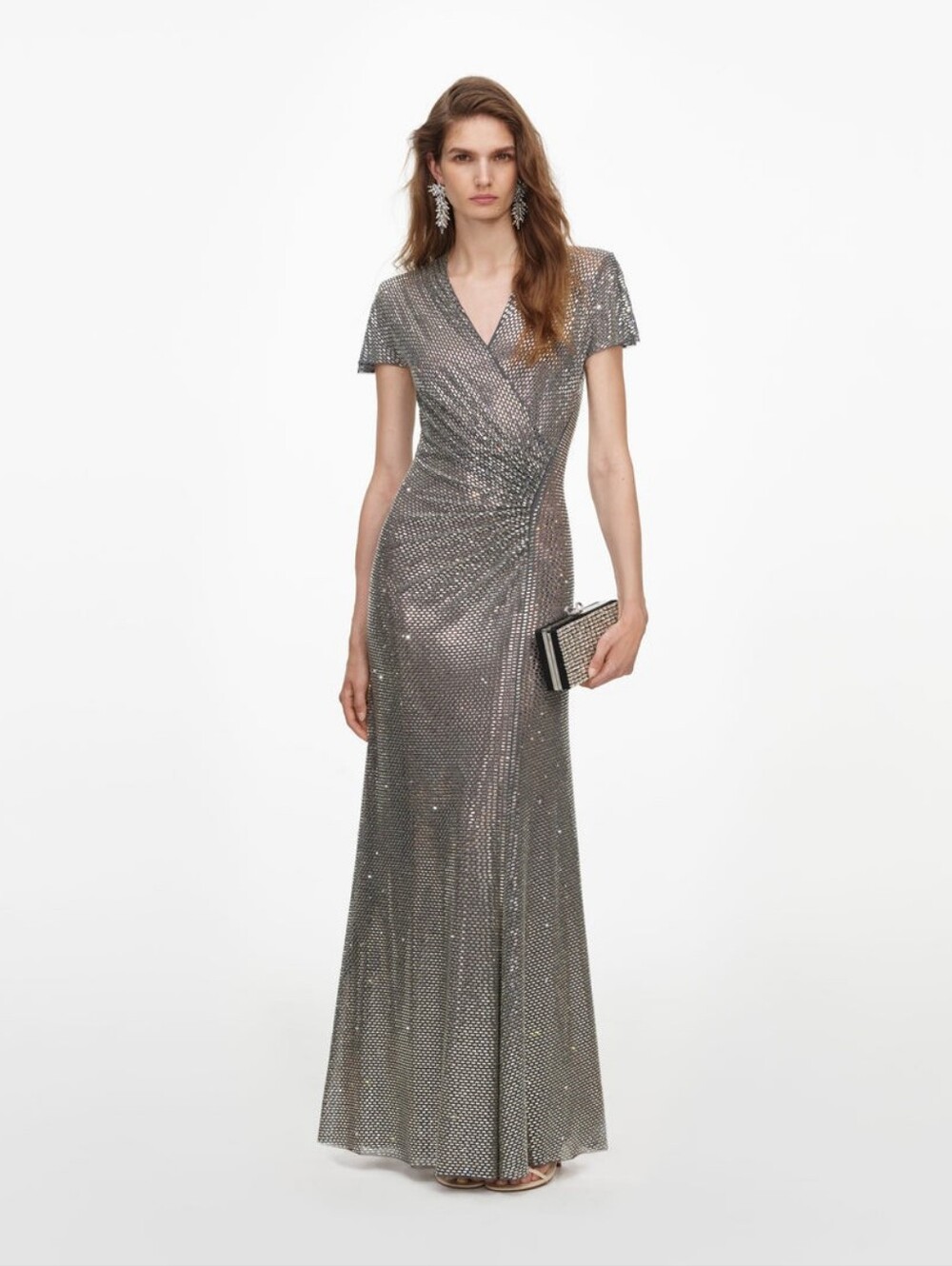 Self Portrait Grey Rhinestone Mesh Wrap Maxi Dress